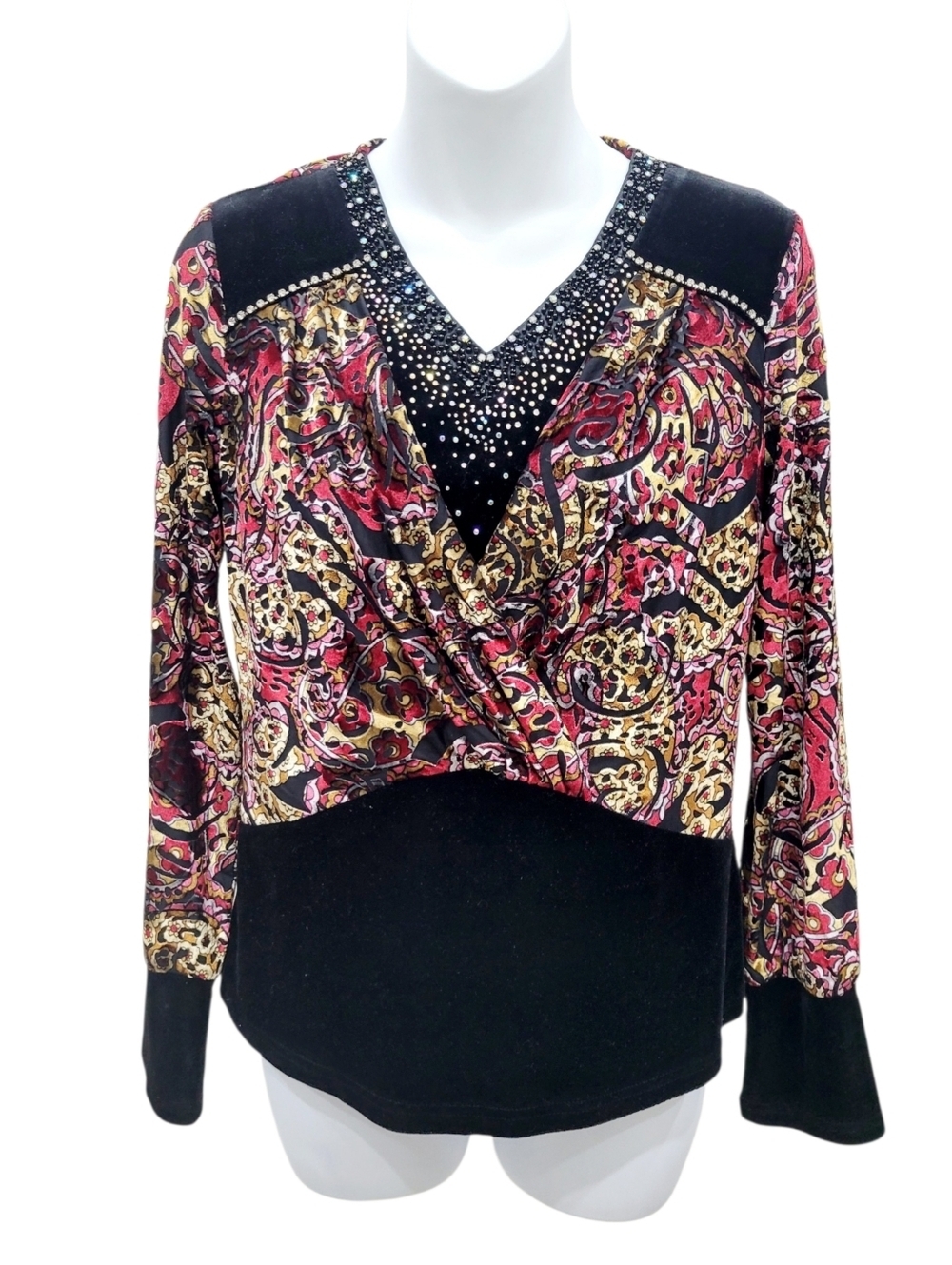 Vintage 90s Black & Red Velvet Top Rhinestone Size: M